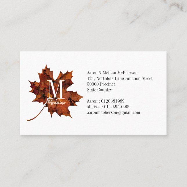 Personalised Floral Monogram Autumn Maple Leaf Business Card (Front)
