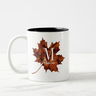 Personalised Floral Monogram Autumn Maple Leaf Two-Tone Coffee Mug