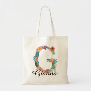 Personalised Floral Monogram Custom Name Botanical Tote Bag
