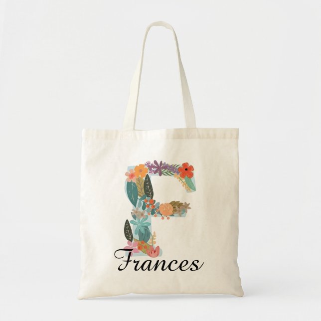 Personalised Floral Monogram Custom Name Botanical Tote Bag (Front)