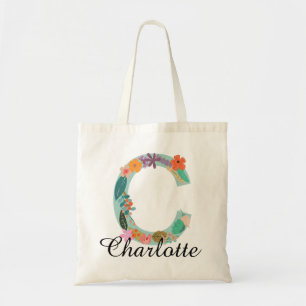 Personalised Floral Monogram Custom Name Botanical Tote Bag