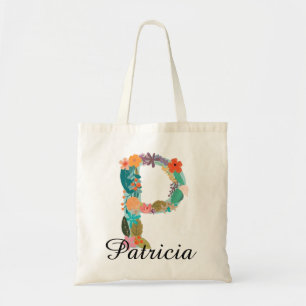 Personalised Floral Monogram Custom Name Botanical Tote Bag