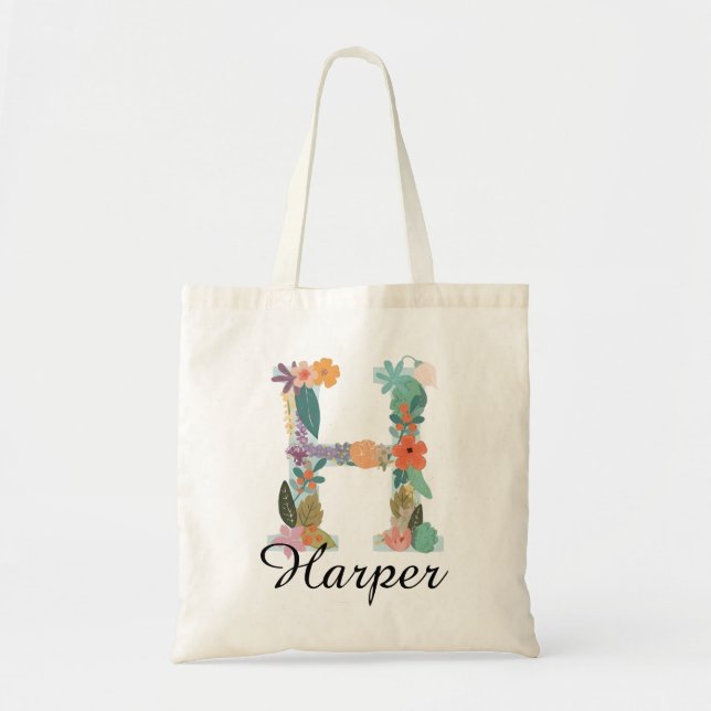 Personalised Floral Monogram Custom Name Botanical Tote Bag (Front)