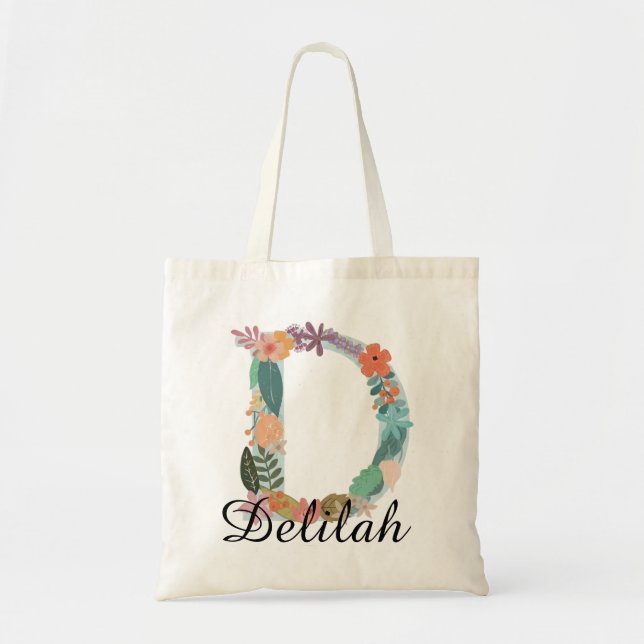 Personalised Floral Monogram Custom Name Botanical Tote Bag (Front)