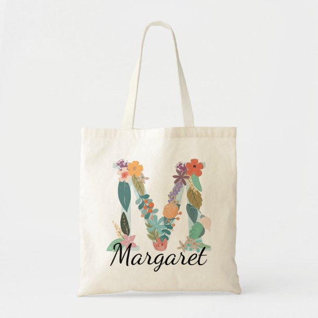 Personalised Floral Monogram Custom Name Botanical Tote Bag (Front)