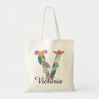 Personalised Floral Monogram Custom Name Letter V  Tote Bag