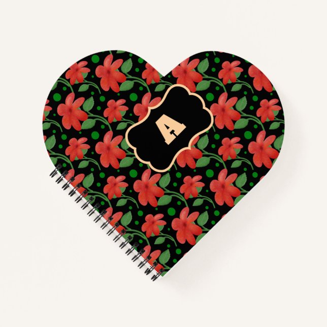 Personalised Floral Monogram Design | Red Flower  Notebook (Front)