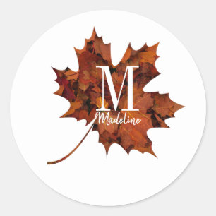 Personalised Floral Monogram Fall Maple Leaf Classic Round Sticker