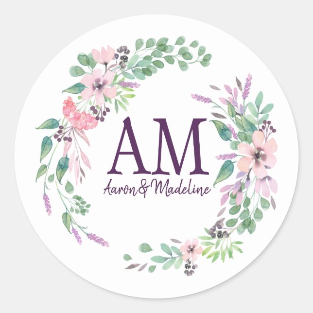 Personalised Floral Monogram Fresh Spring Foliage Classic Round Sticker (Front)