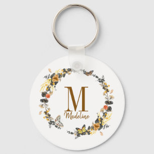Personalised Floral Monogram Golden Fall Foliage Key Ring