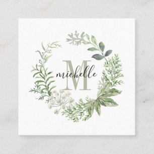 Personalised Floral Monogram Green Forest Leaves Square Business Card