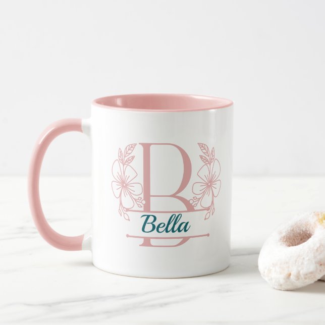 Personalised Floral Monogram Letter B Mug - Custom (With Donut)