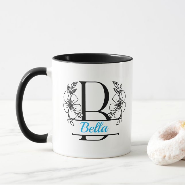 Personalised Floral Monogram Letter B Mug - Custom (With Donut)