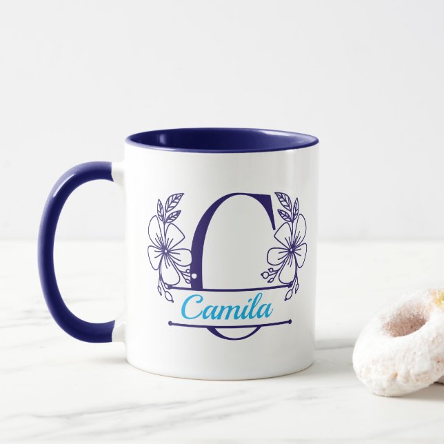 Personalised Floral Monogram Letter C Mug - Custom (With Donut)