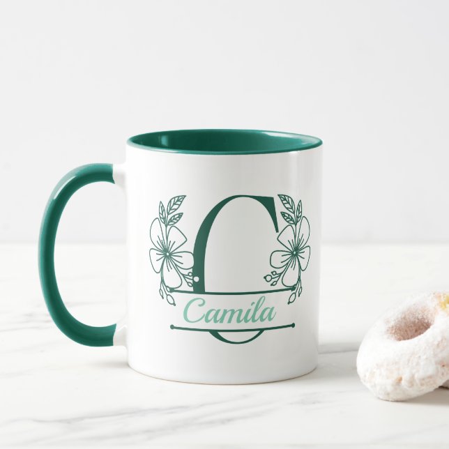 Personalised Floral Monogram Letter C Mug - Custom (With Donut)