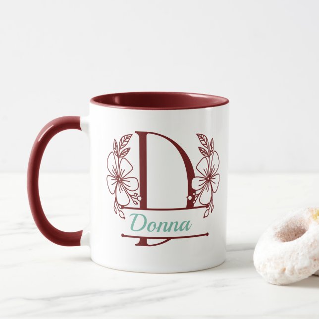 Personalised Floral Monogram Letter D Mug - Custom (With Donut)