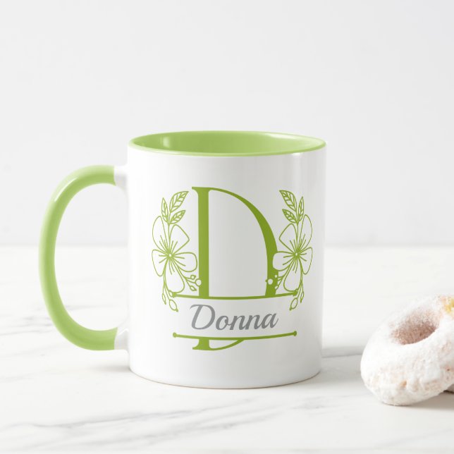 Personalised Floral Monogram Letter D Mug - Custom (With Donut)