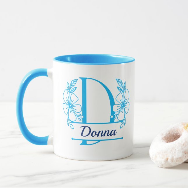 Personalised Floral Monogram Letter D Mug - Custom (With Donut)