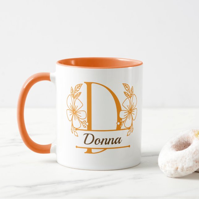 Personalised Floral Monogram Letter D Mug - Custom (With Donut)