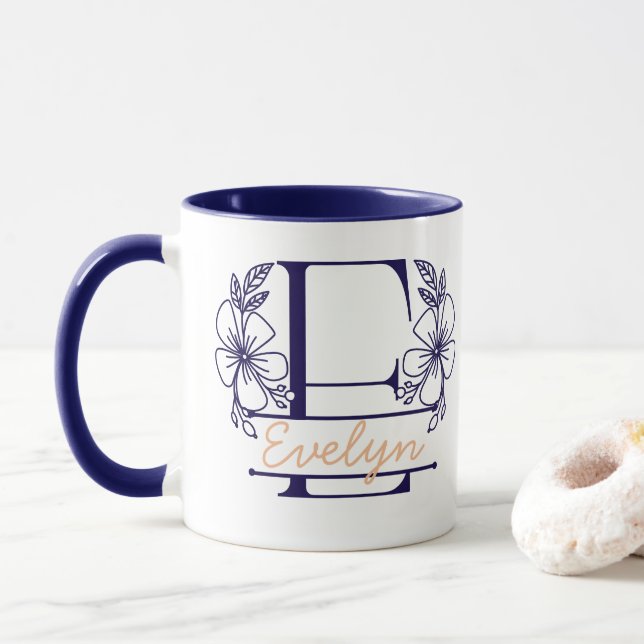 Personalised Floral Monogram Letter E Mug - Custom (With Donut)