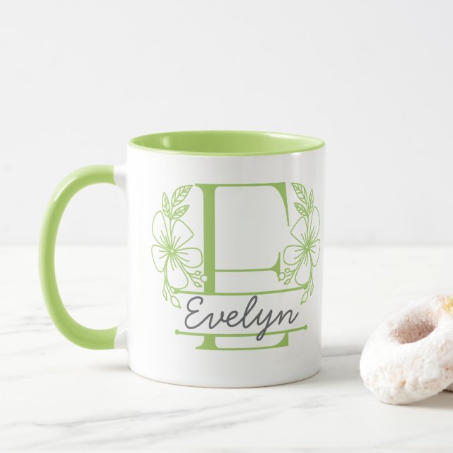 Personalised Floral Monogram Letter E Mug - Custom (With Donut)
