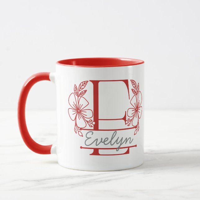 Personalised Floral Monogram Letter E Mug - Custom (Left)