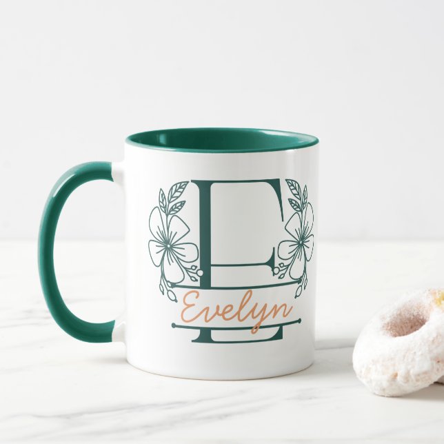 Personalised Floral Monogram Letter E Mug - Custom (With Donut)