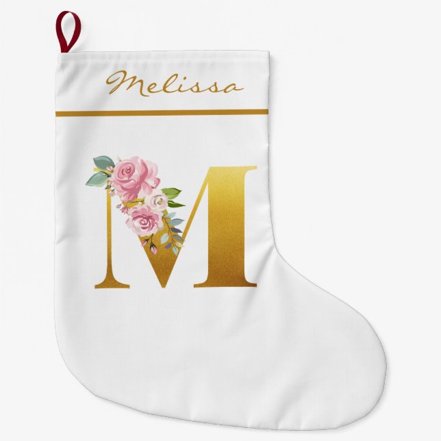 Personalised Floral Monogram Letter M Botanical Large Christmas Stocking (Front)