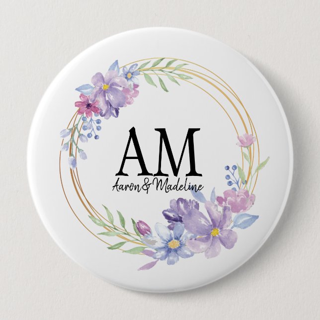 Personalised Floral Monogram Lilac Bouquet 10 Cm Round Badge (Front)