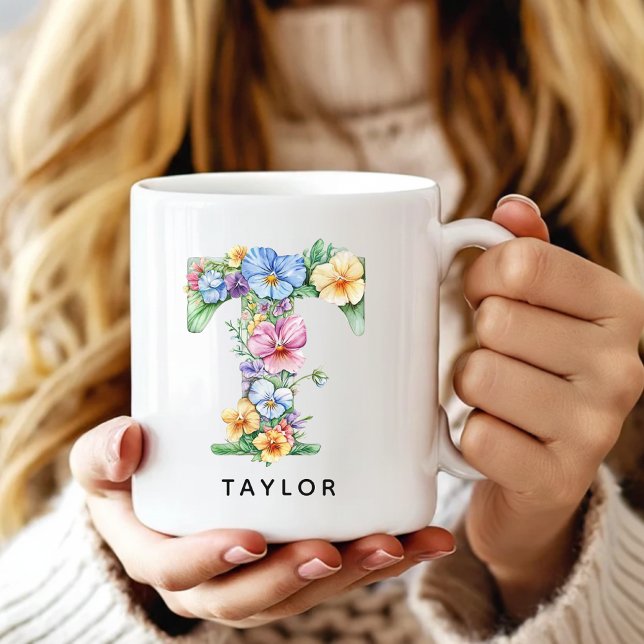 Personalised Floral Monogram Mug Gift for Coworker (floral alphabet mug gift for her, custom mug birthday gift wife, floral monogram graduation for girl)