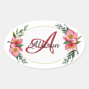 Personalised floral monogram oval sticker