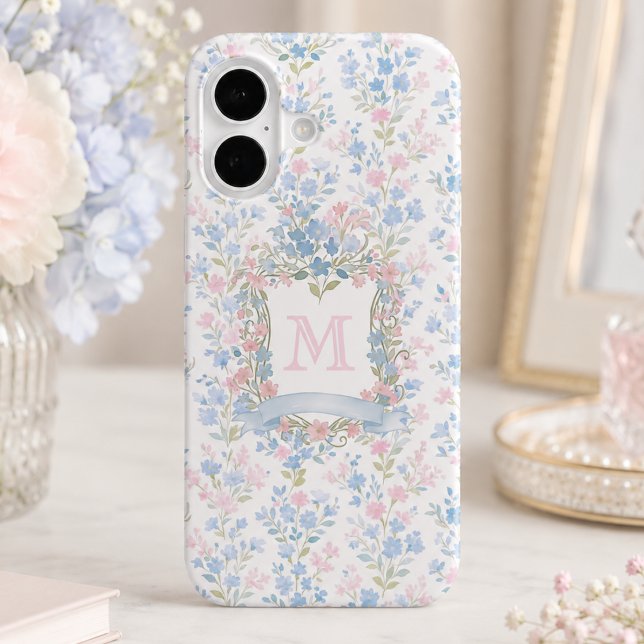 Personalised Floral Monogram Phone Case (elegant girly grandmillennial blue pink floral wildflower phone case with crest monogram initial)
