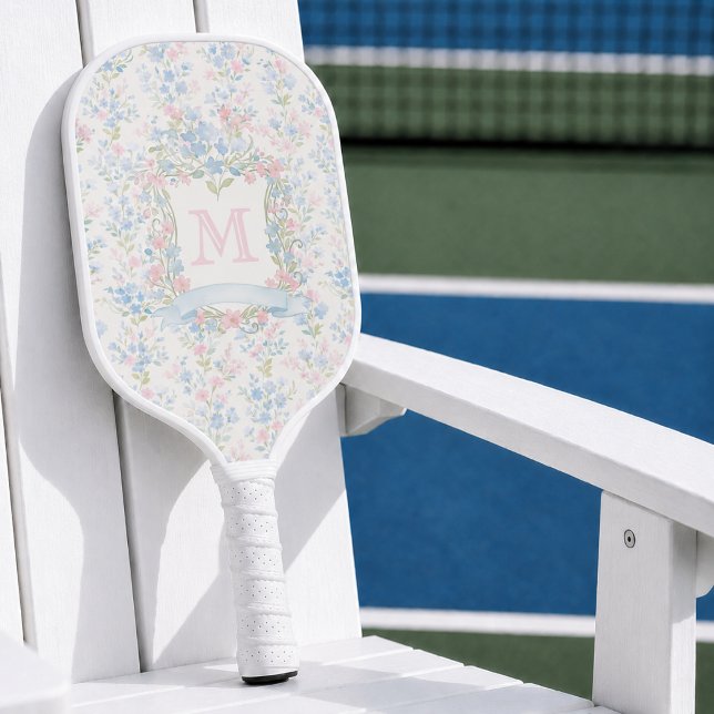 Personalised Floral Monogram Pickleball Paddle (elegant grandmillennial pale blue pink floral crest pickleball paddle with custom monogram initial )