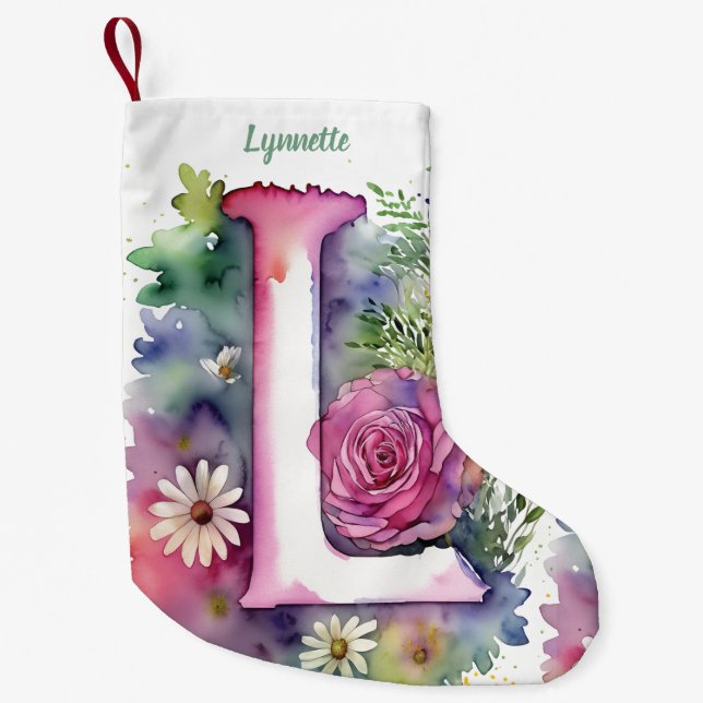 Personalised Floral Monogram Roses and Daisies Small Christmas Stocking (Front)