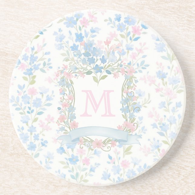 Personalised Floral Monogram Sandstone Coaster (Front)