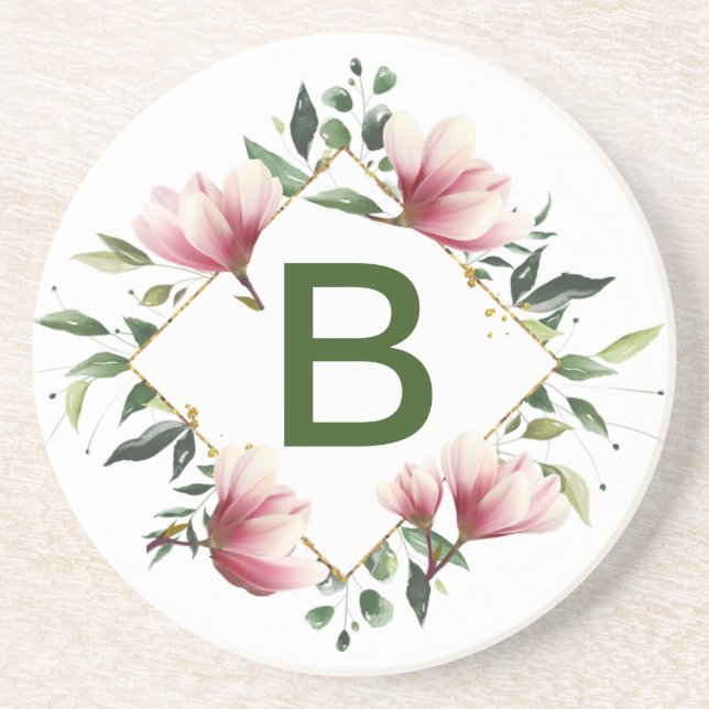 Personalised Floral Monogram Sandstone Coaster (Front)