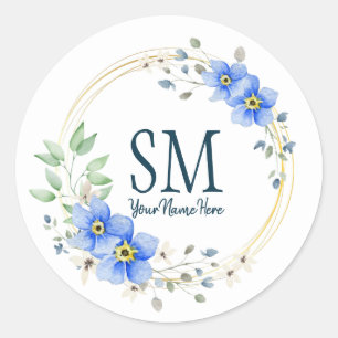 Personalised Floral Monogram Wild Blue Flowers Classic Round Sticker