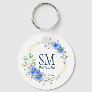Personalised Floral Monogram Wild Blue Flowers Key Ring