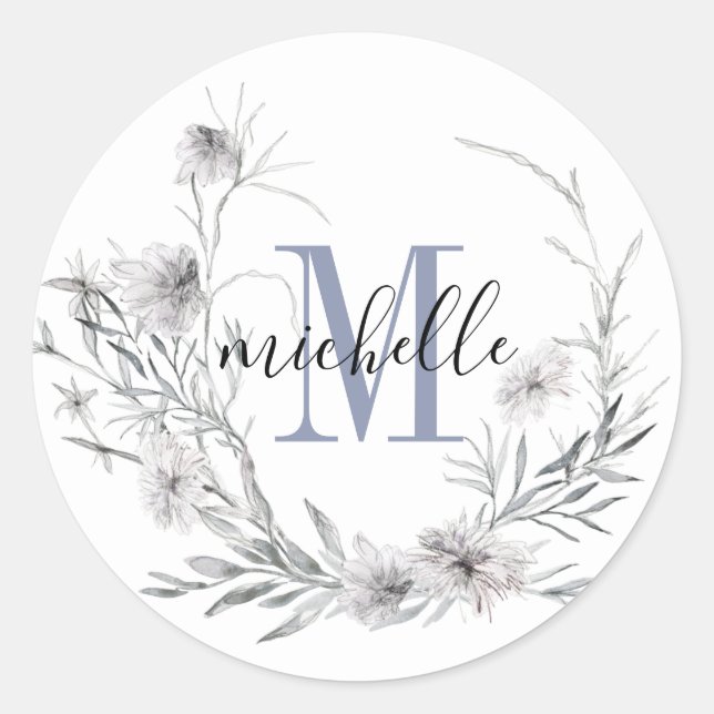 Personalised Floral Monogram Wildflower Foliage Classic Round Sticker (Front)