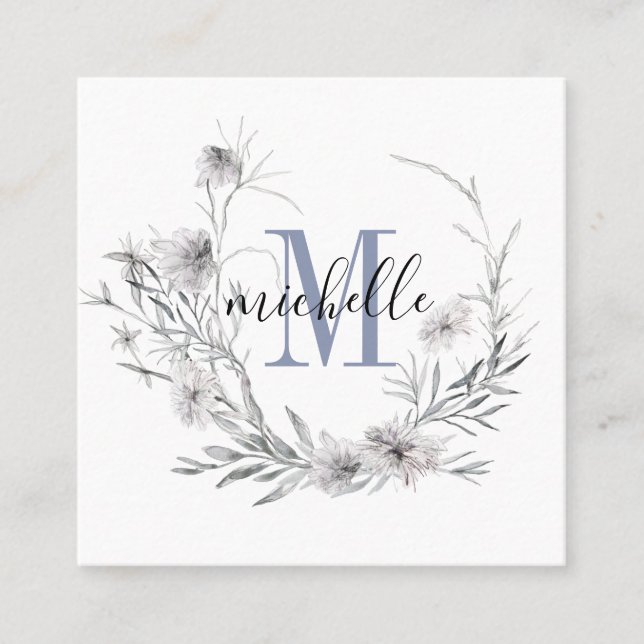 Personalised Floral Monogram Wildflower Foliage Square Business Card (Front)