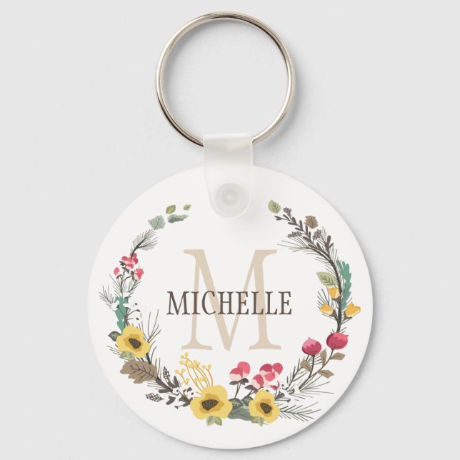 Personalised Floral Monogram Woodland Blossoms Key Ring (Front)