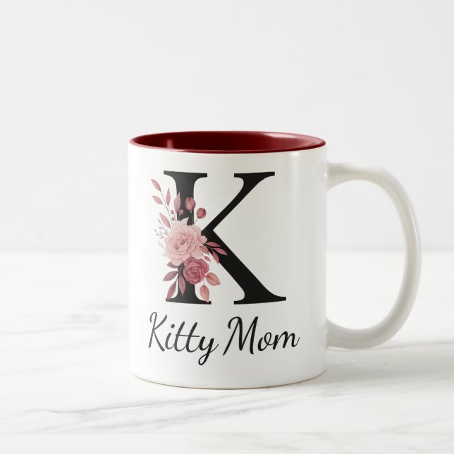Personalised Floral Mug – Letter K with Name Kara  (Right)