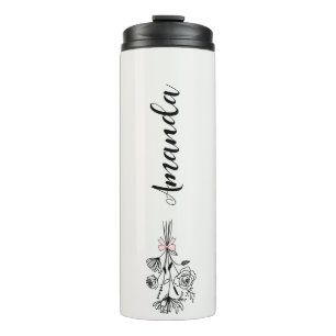 Personalised Floral Name Birth Month Flower Grey Thermal Tumbler