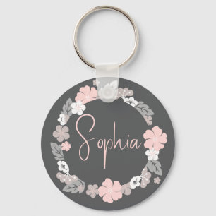 Personalised Floral Name Pink Key Ring