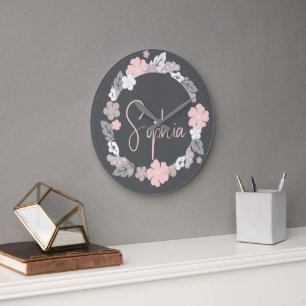 Personalised Floral Name Pink Large Clock