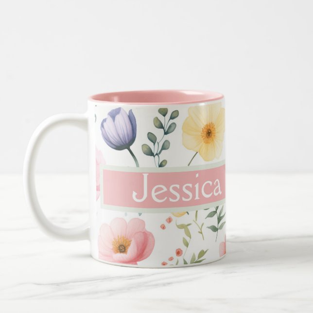 Personalised Floral Name Two-Tone Coffee Mug (Left)