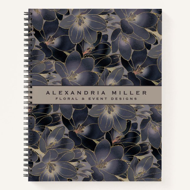 Personalised Floral | Navy Blue & Taupe Notebook (Front)