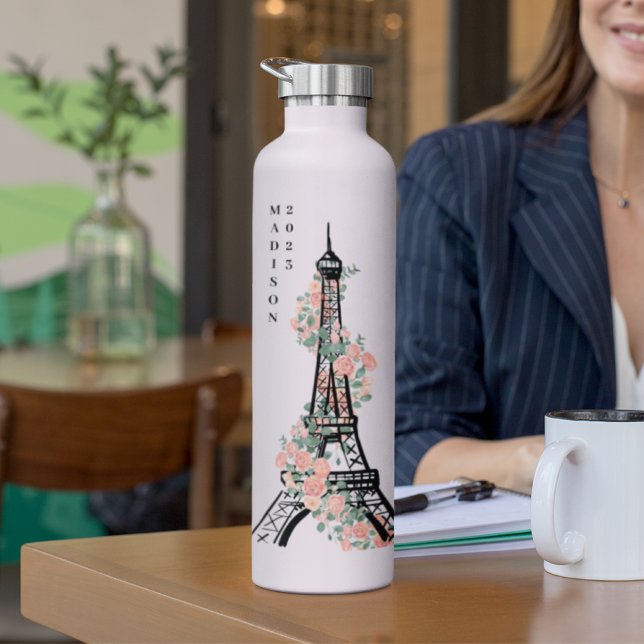 Personalised Floral Paris Eiffel Tower White Water Bottle (Creator Uploaded)