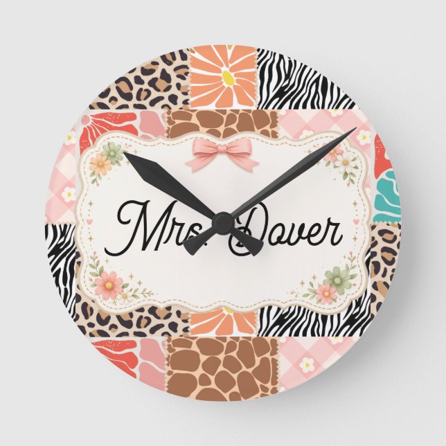 Personalised Floral Patchwork Teacher Round Clock (Front)