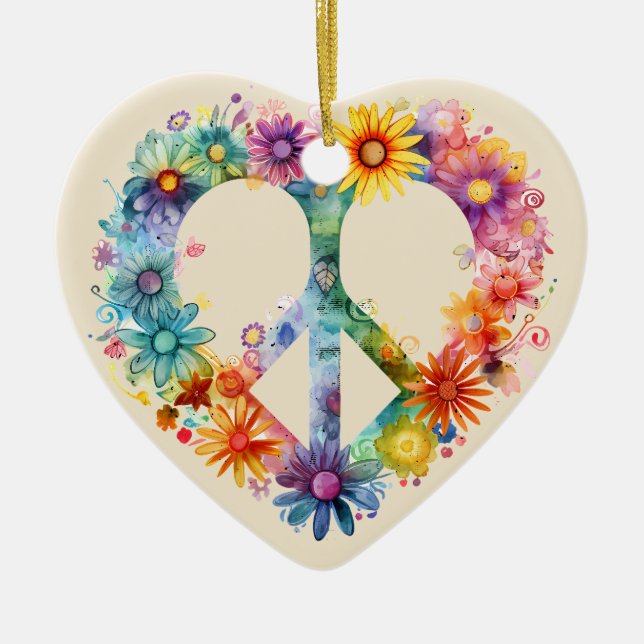 Personalised Floral Peace Symbol Hippie Style Ceramic Tree Decoration (Front)